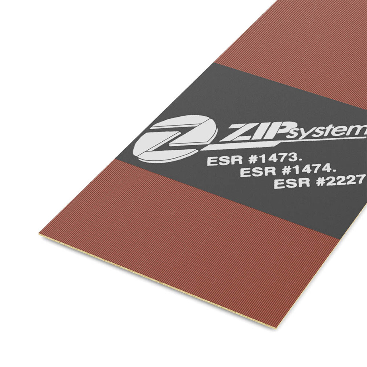 Close-up of a brown and dark gray Go Build 5/8 in. 4x8 ZIP System OSB Panel, featuring the logo and ESR numbers: #1473, #1474, #2227. The panel surface has a textured, ribbed look.